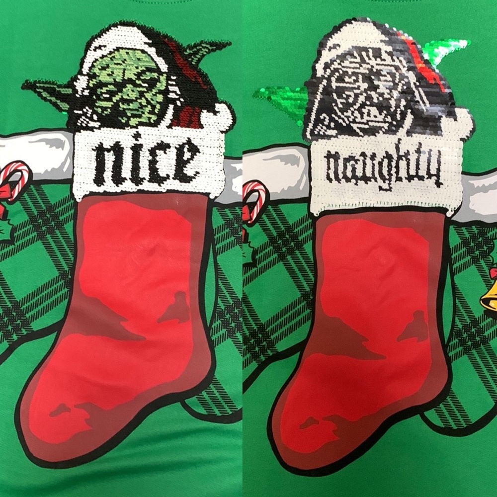 ⚡️ 🆕 Disney Star Wars Yoda flip sequins naughty/nice Ugly Christmas Swea…